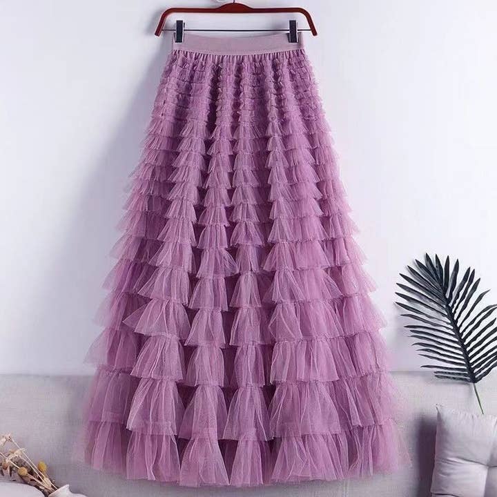FurDecoration - Wholesale Skirt - Women's - Solid Color Organza Ruffle Hem Midi Skirt