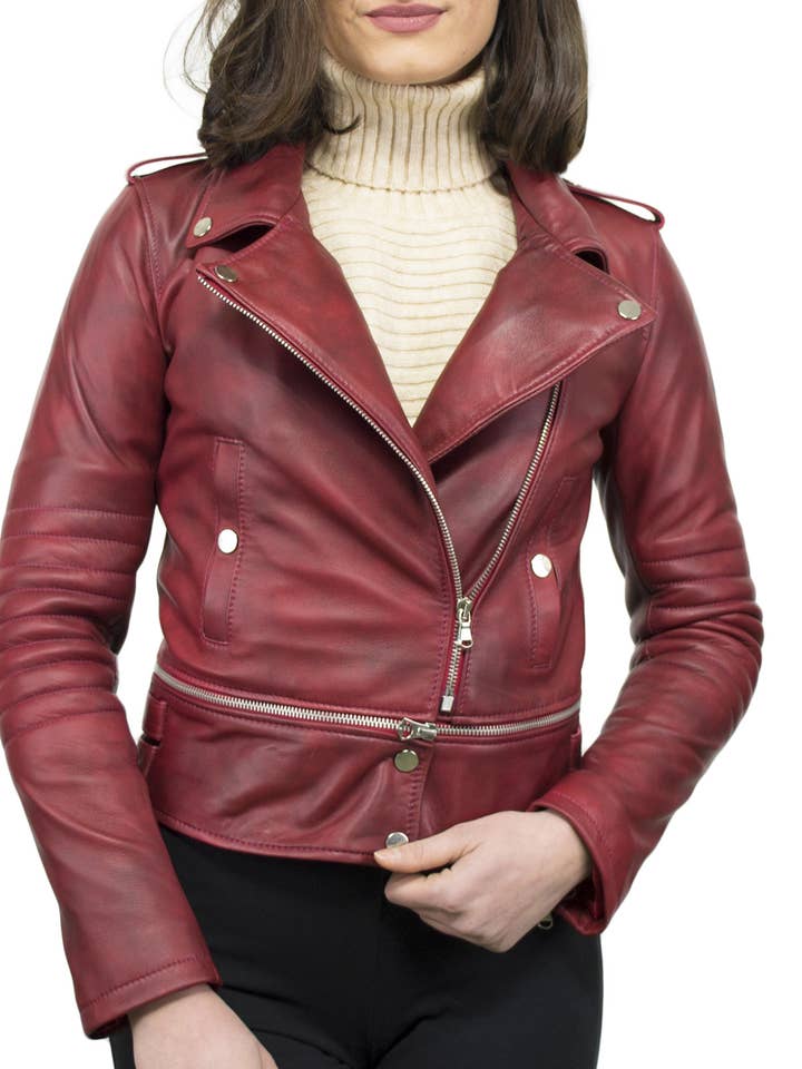 Tokyo - Kvinnors Bordeaux äkta läder Biker jacka för wholesale av Michelangelo srls