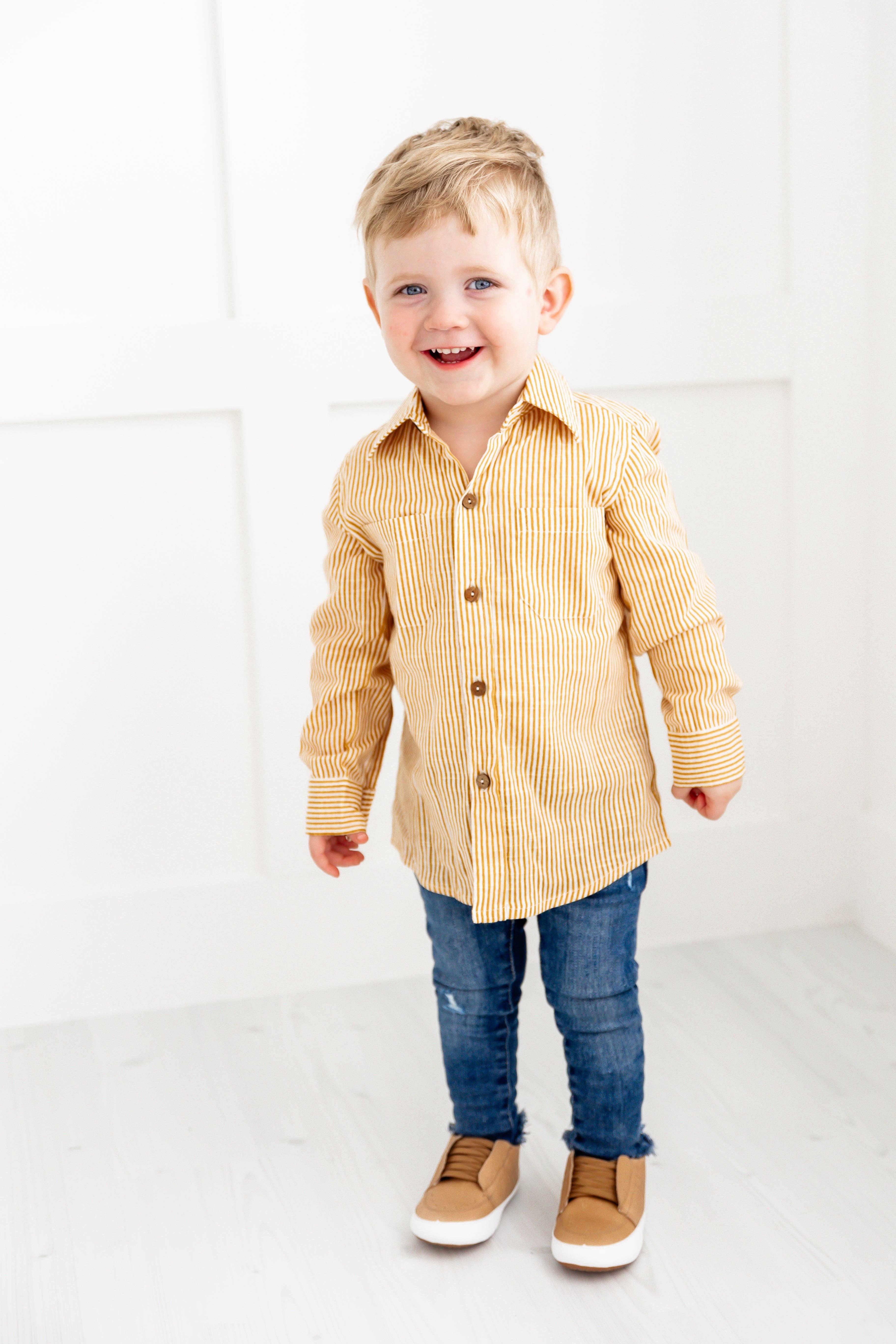 Yo Baby - Wholesale Button Down Shirt - Kids - Mustard Stripes Printed Boys Shirts11