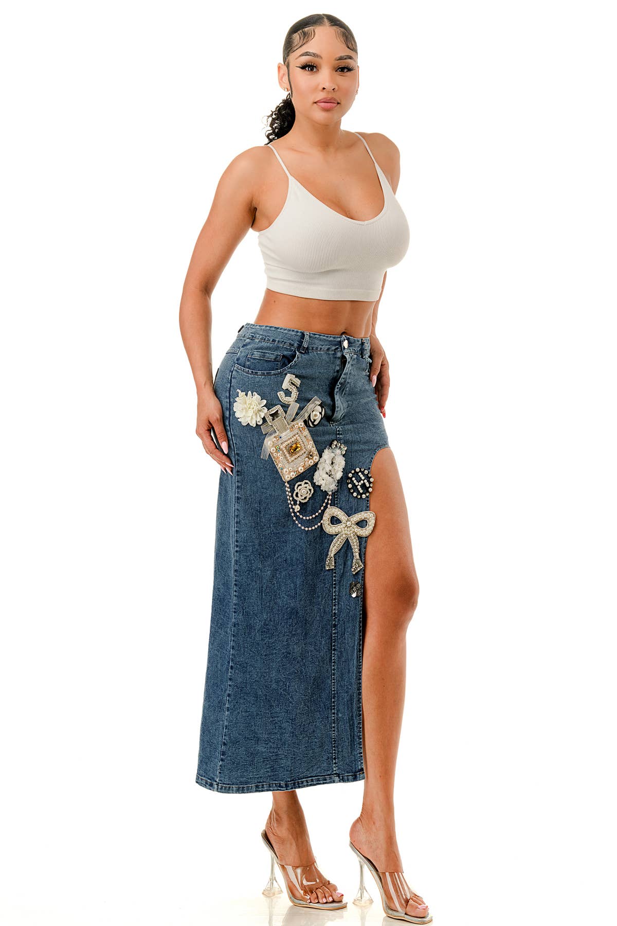 SALT – Großhandel Rock – Damen – (SK3967) No.5 verziertes Jeans-Midirock in 3 Farben10