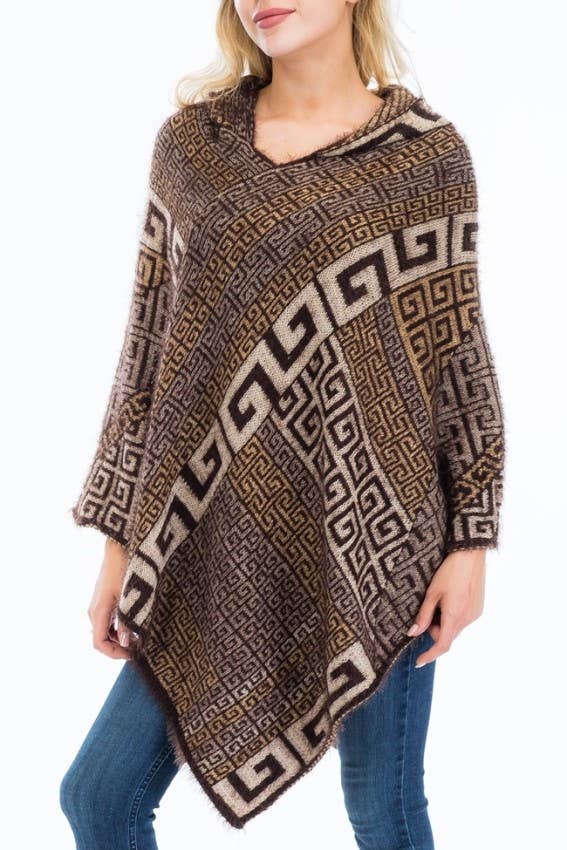 Cap Zone - Vente Poncho – femme - Poncho à capuche en faux angora Greek Key4