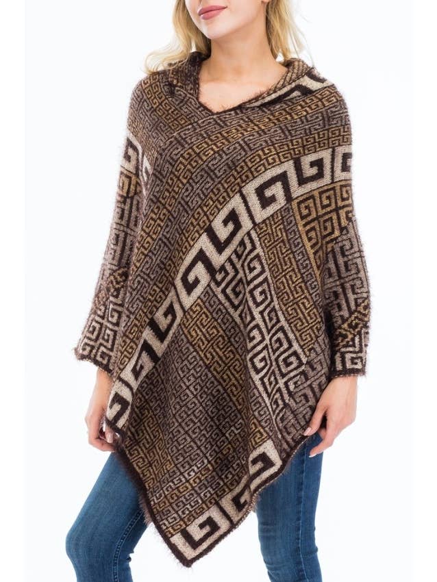 Cap Zone - Vente Poncho – femme - Poncho à capuche en faux angora Greek Key4