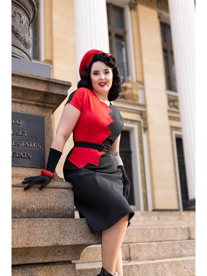 Astro Bettie - Wholesale Dress - Women's - 1940s Sawtooth Color Block Dress - Red/Black1