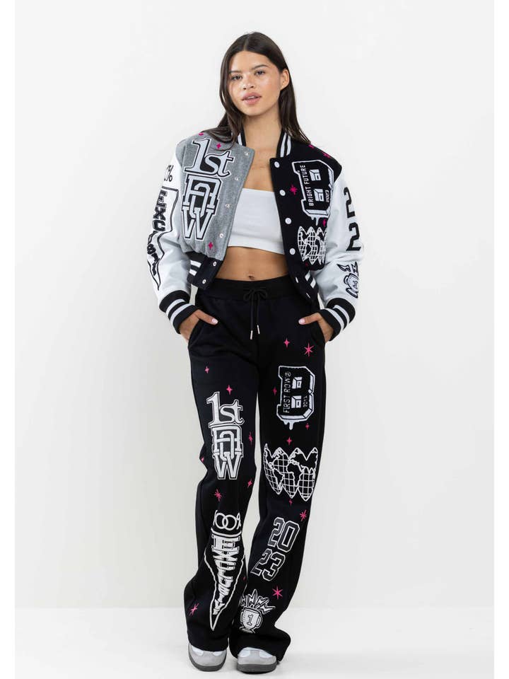 BLACK BRIGHT FUTURE CROPPED VARSITY JACKET for wholesale on Faire4