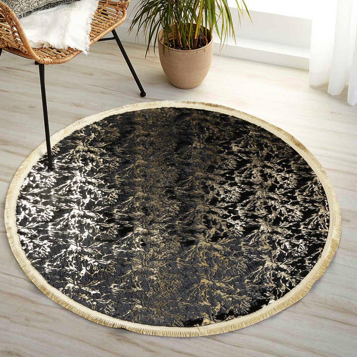 Black Round Plush Rug, Handmade Gold Floral Design Carpet for wholesale by Karelias And Sons