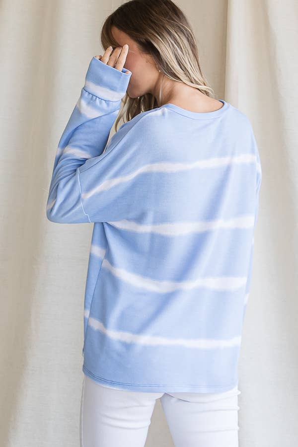 7th Ray – Engroshandel Strikket top - Dame – Stribet Tie Dye V-søm Drop Shoulder Langærmet Top T356513