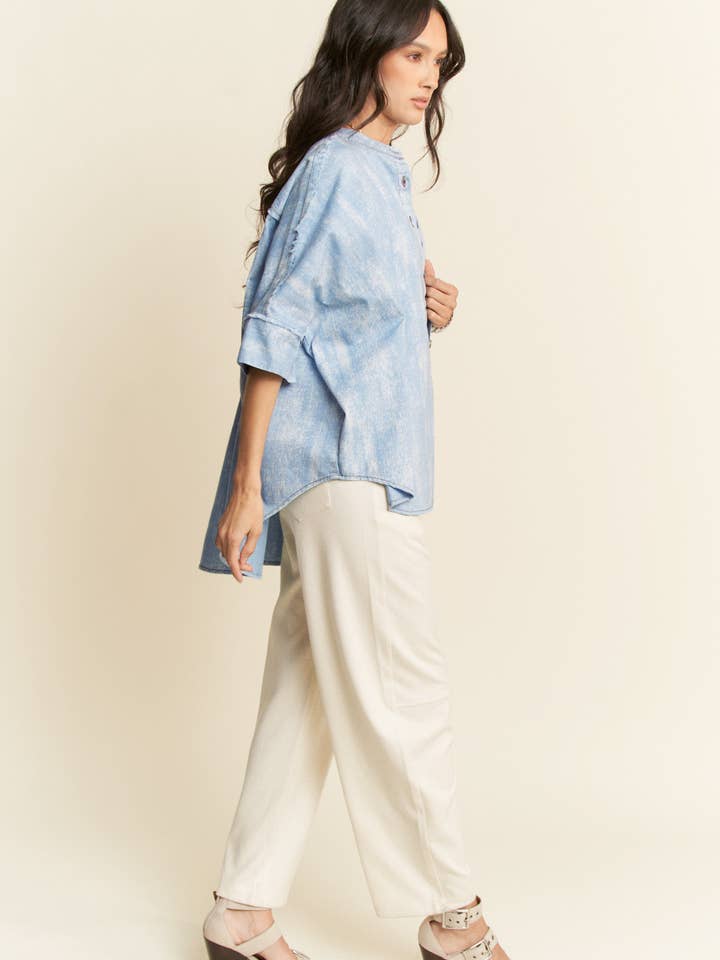 WASHED DENIM STAND COLLAR FRINGE HEM LOOSE SHIRT for wholesale on Faire6