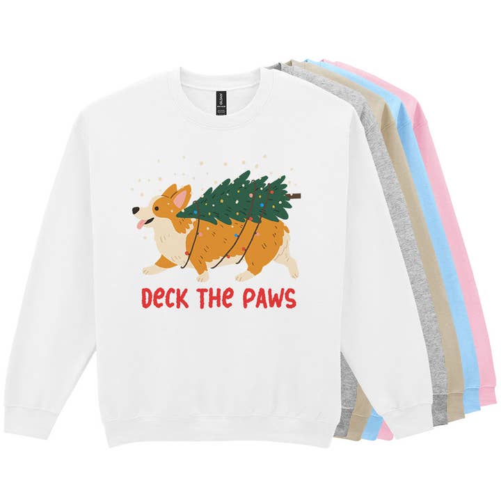 WhiteWolfeDesign - Wholesale Graphic Sweatshirt - Women's - Deck The Paws Corgi Christmas Crewneck Sweatshirt5