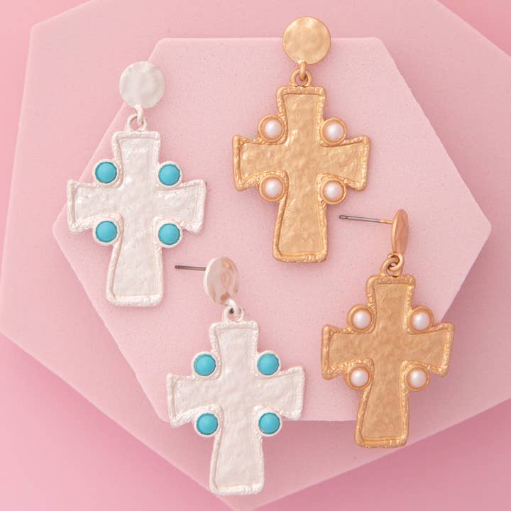 Textured Finish Bezel Cross Post Dangle Earrings for wholesale by SP Sophia Collection