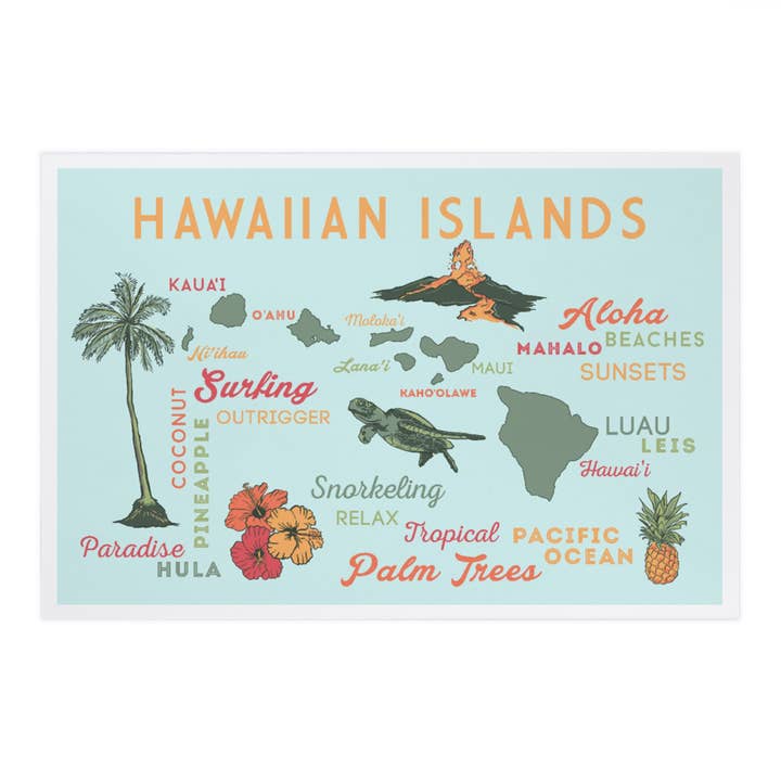 CARTES POSTALES PREMIUM Typographie et icônes des îles hawaïennes pour la vente par Lantern Press