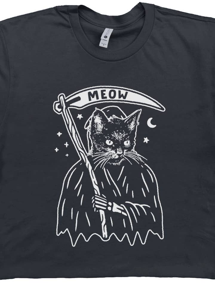 Shirtmandude Co - Wholesale Screen Printed T-Shirt - Unisex - Grim Reaper Cat Shirt Funny Meow Cute Funny Graphic Tee