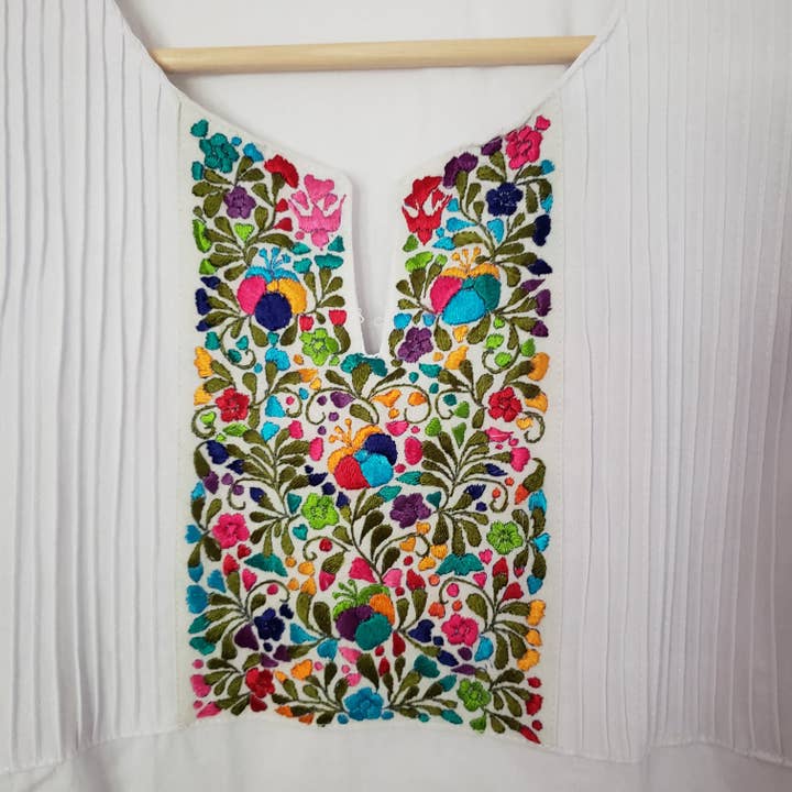The Little Pueblo - Wholesale Blouse - Women's - Traditional Mexican Embroidered Pleated Shirt Floral Top Blouse Handmade Oaxaca Floral