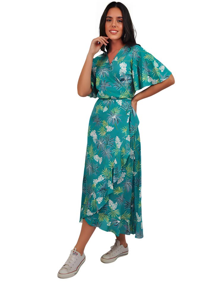 Vestido largo verde cruzado con estampado floral para venta al por mayor de Kalimera Clothing Athens