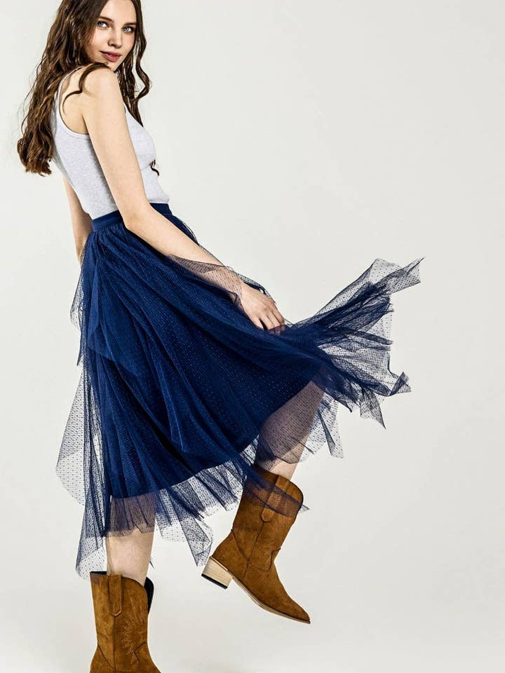 noflik - Wholesale Rok - Dames - Waterval PolkaDot Tule Mesh Ruffle Midi Rok- INS1009_3