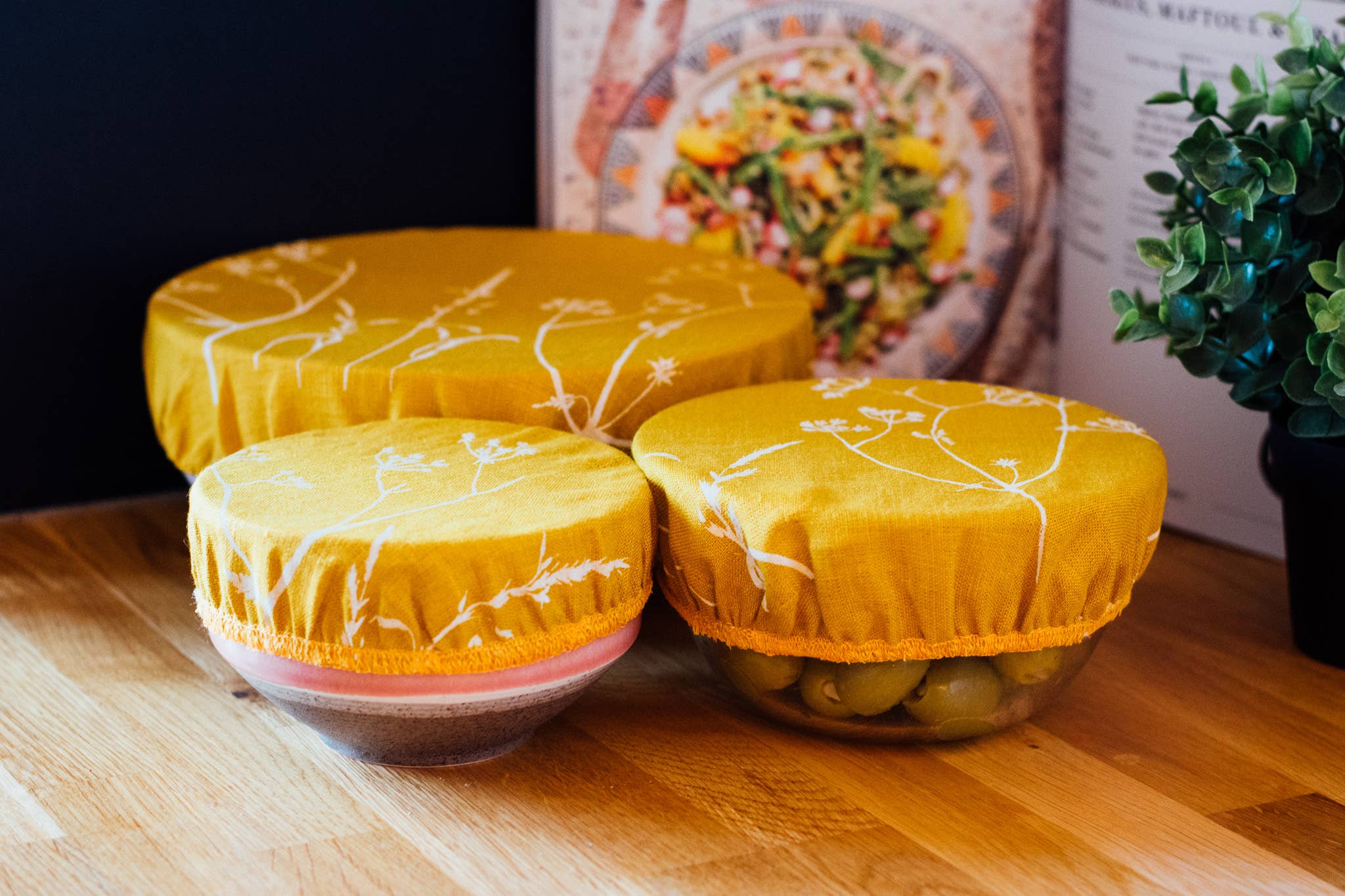 Helen Round - hand printed linen (US Duties Paid) - Wholesale Food Storage Wrap/Bag - Linen Bowl Covers , Set of 3 Bowl Coverings, Hand Printed4