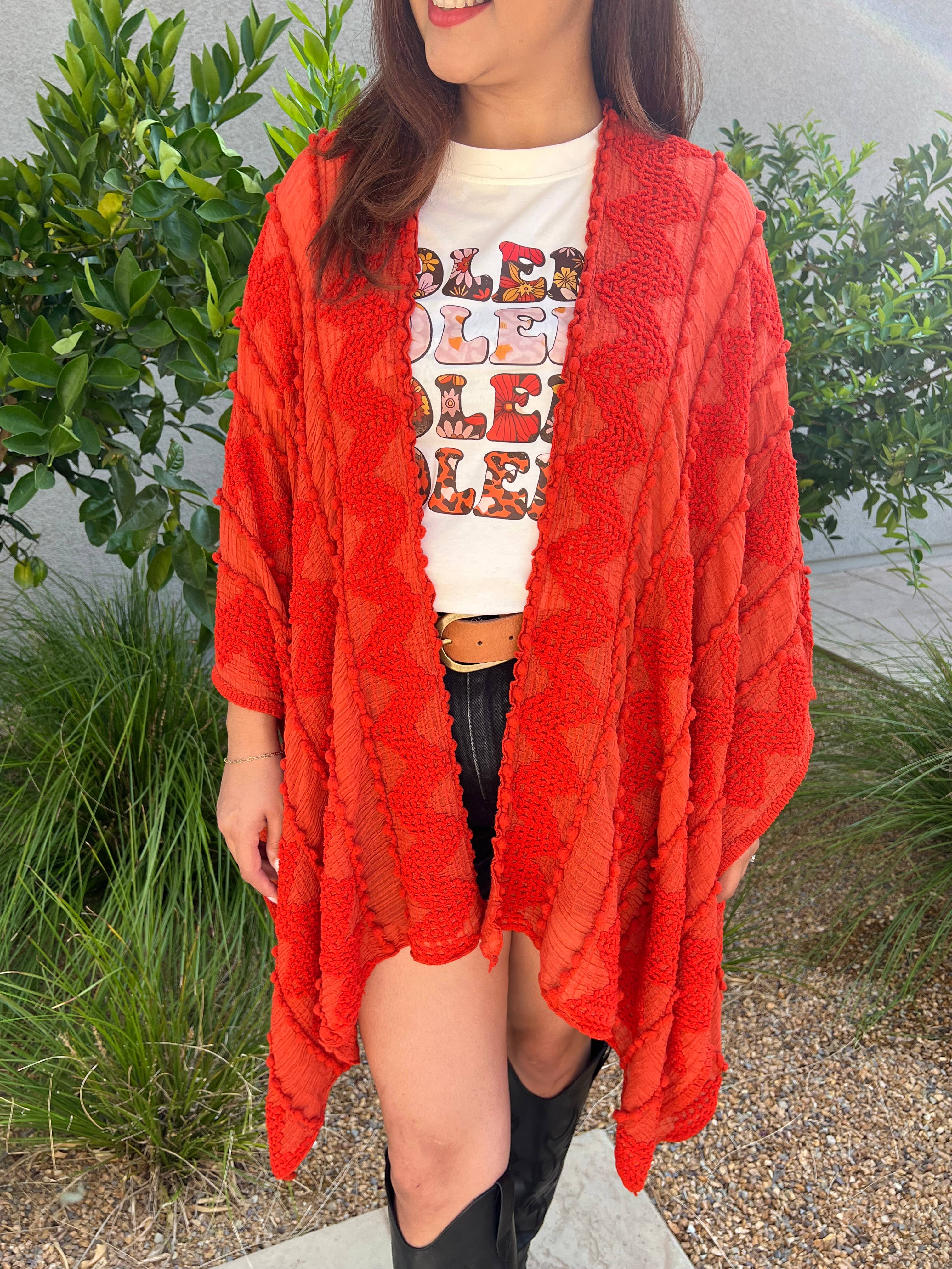 Justin & Taylor - Wholesale Kimono - Women's - Puffer-Up | Soft Textured Cover-Up Kimono With Pom Detail2