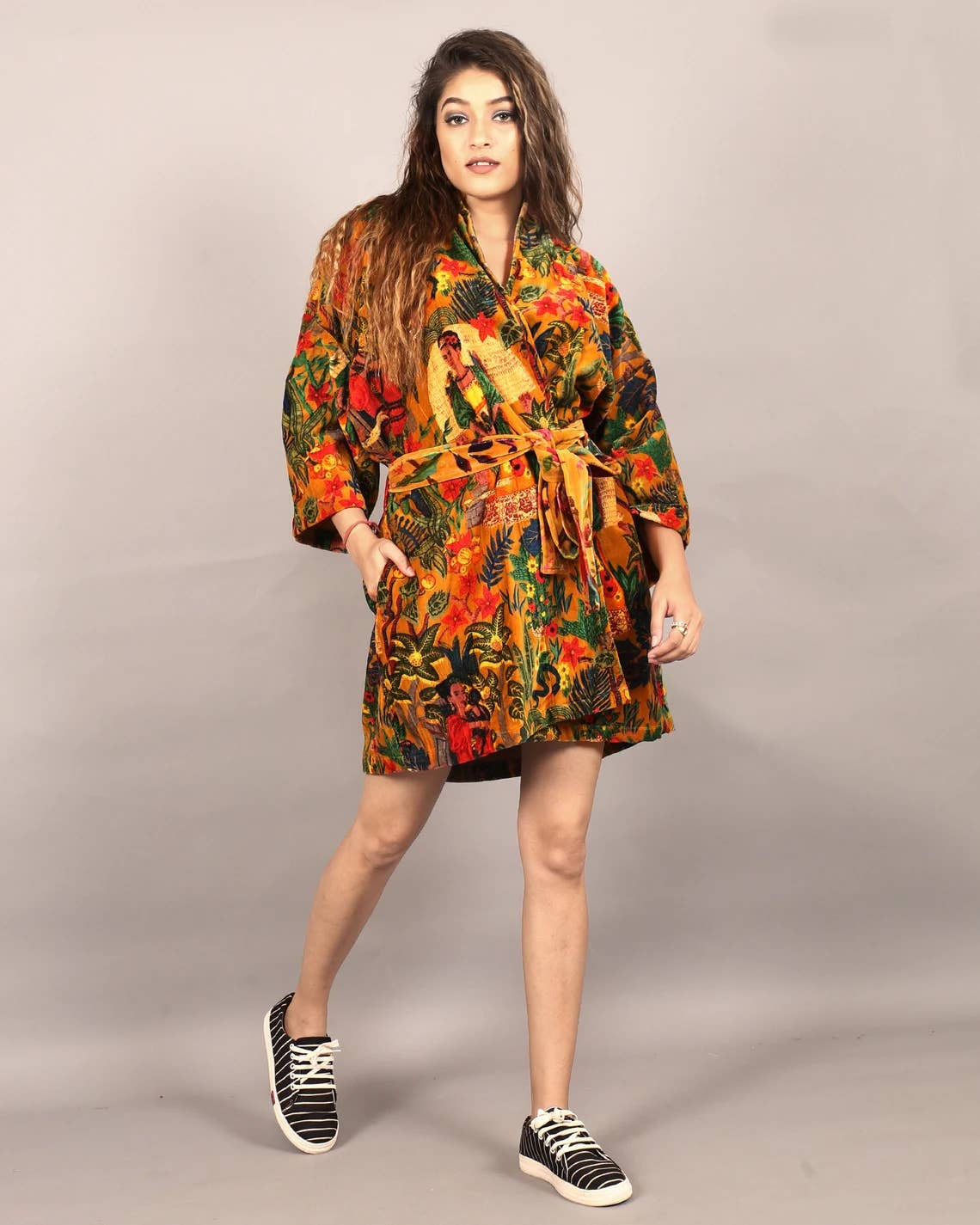 GYPSY STUDIO – wholesale Kimono – Women's – Cotton Velvet Short Kimono /Robe/Lounge Wear- Frida Kahlo Ye