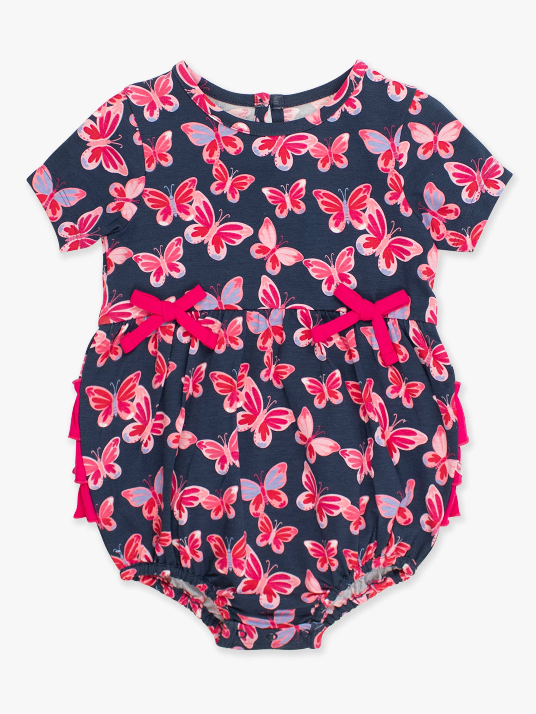 Navy Baby Girls Butterfly Bliss Knit Short Sleeve Bow Bubble Romper for wholesale on Faire8