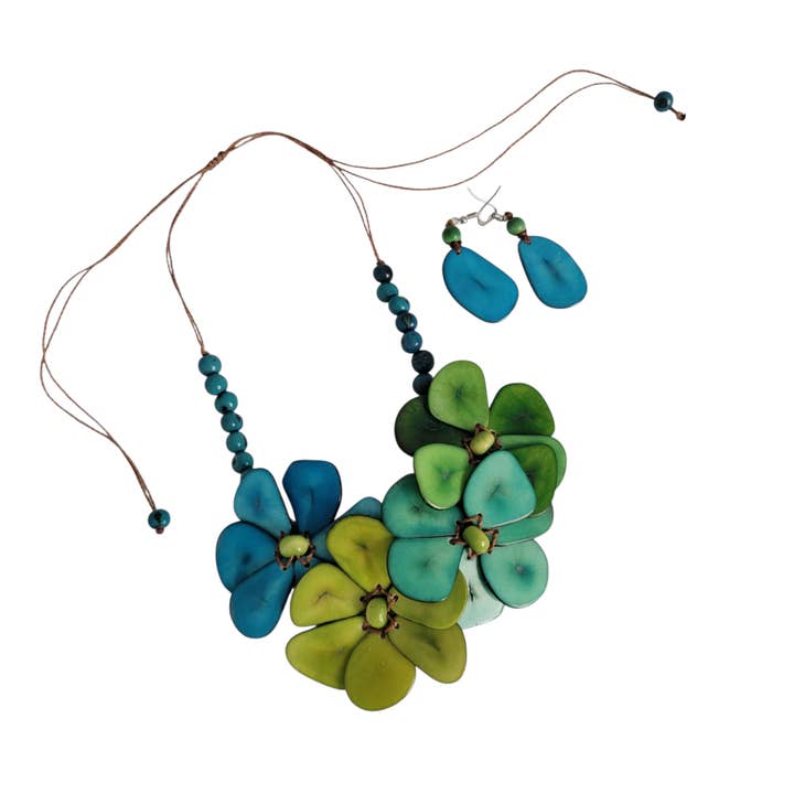 Blooming flowers tagua bib woven necklace for wholesale by Organic jewelry by Allie