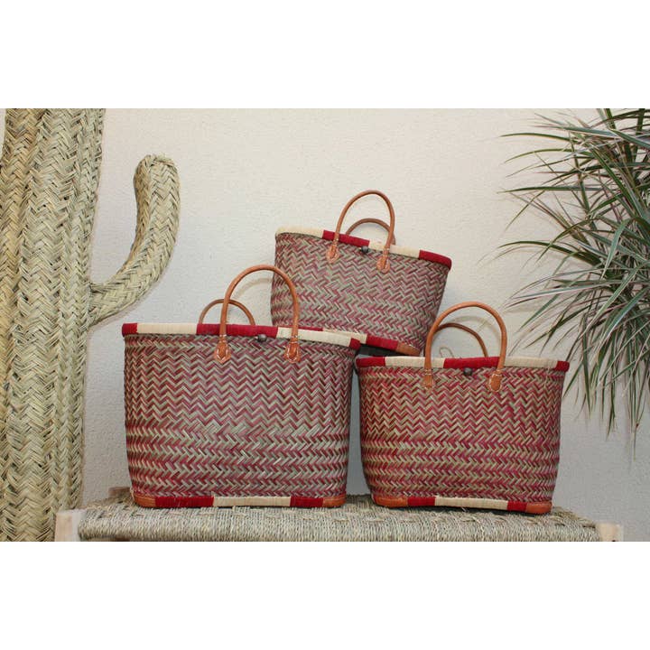Borsa per la spesa - MADAGASCAR BASKET - rossa e naturale - intrecciata a mano - 3 misure tra cui scegliere - paglia di vimini da spiaggia per la vendita all'ingrosso da parte di Boutique Huléti