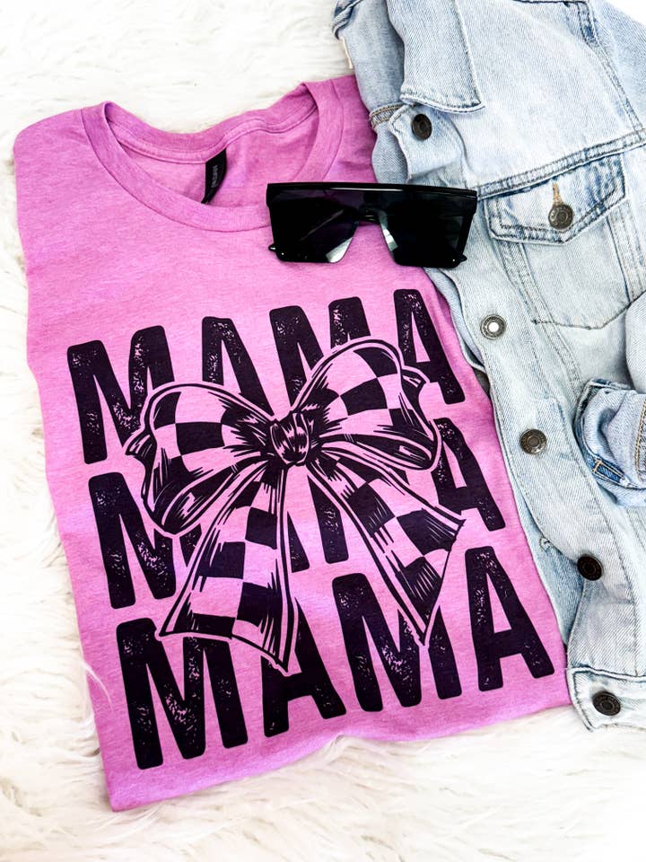 Mama Stacked Checkered Bow Tee for wholesale by Hart and Hollow