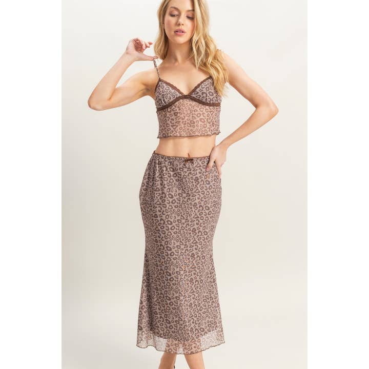 BROWN LEOPARD HF25C765-SET-Leopard Mesh Cami Top And Skirt Set for wholesale on Faire