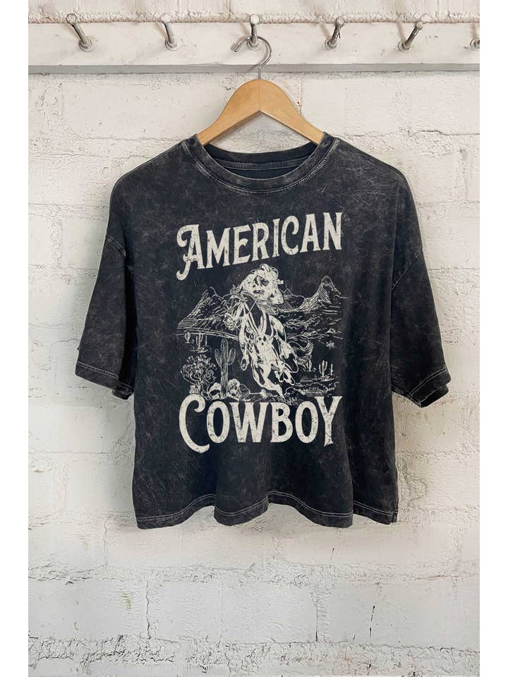 Rustee Clothing - Vente T-shirt sérigraphié – femme - Cowboy américain - Crop top long délavé aux minéraux
