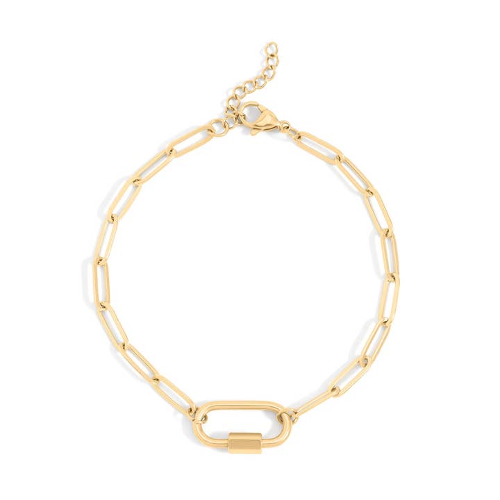 18K Gold PVD Stainless Steel Paperclip Carabiner Bracelet for wholesale by WJW