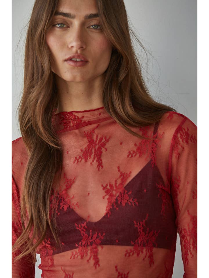 By Together - Wholesale Knit Top - Women's - L6687 | Knit Jacquard Lace Long Sleeve Mock Neck Top