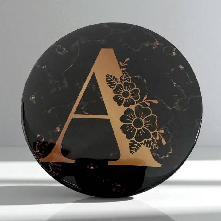 Monogram Mirror "A"- 3" round metal for wholesale by Monumental Prints & Pins