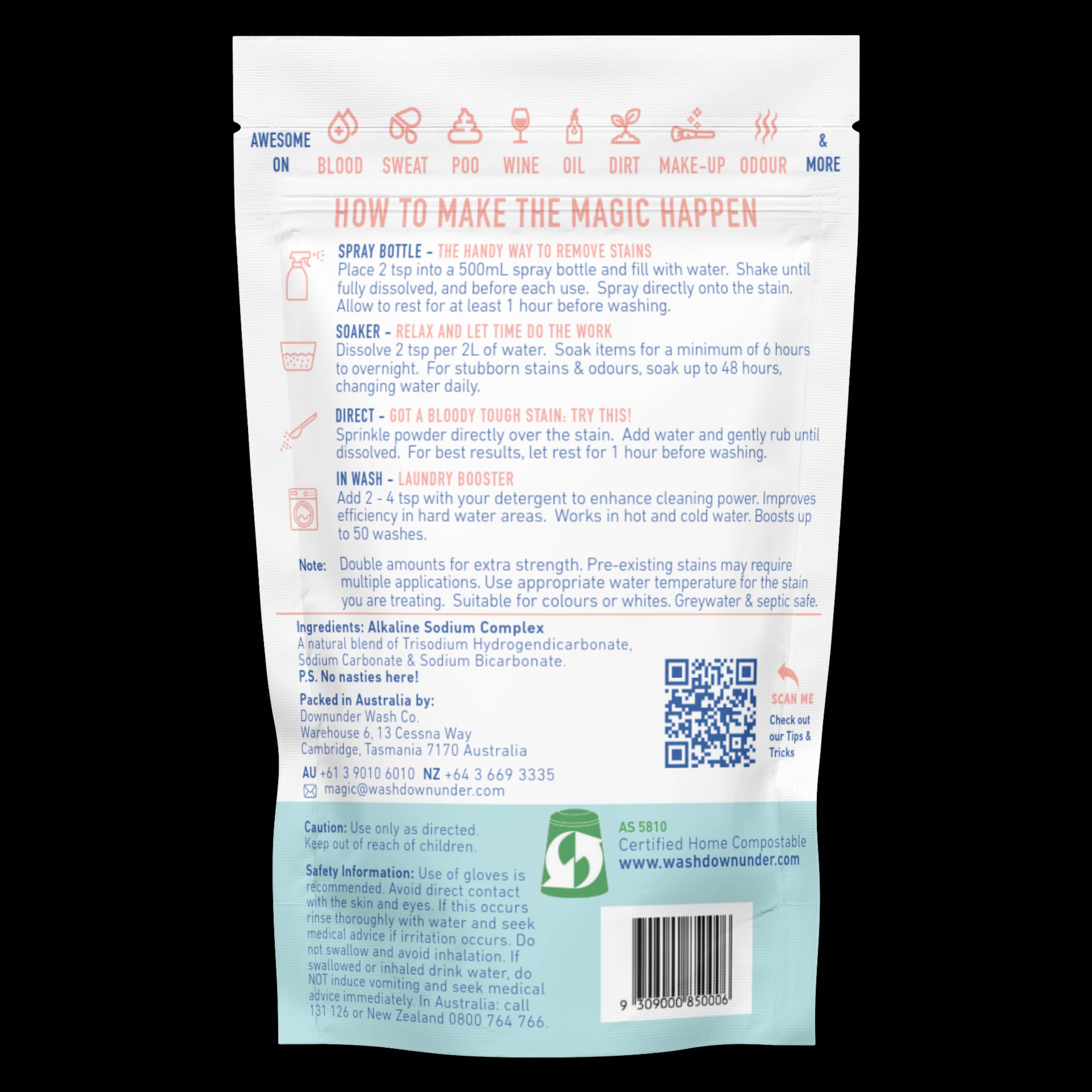 Downunder Wash Co - Vente Lessives en poudre/dosettes - Poudre Détachante et Désodorisante pour Linge Bloody Awesome 500g1