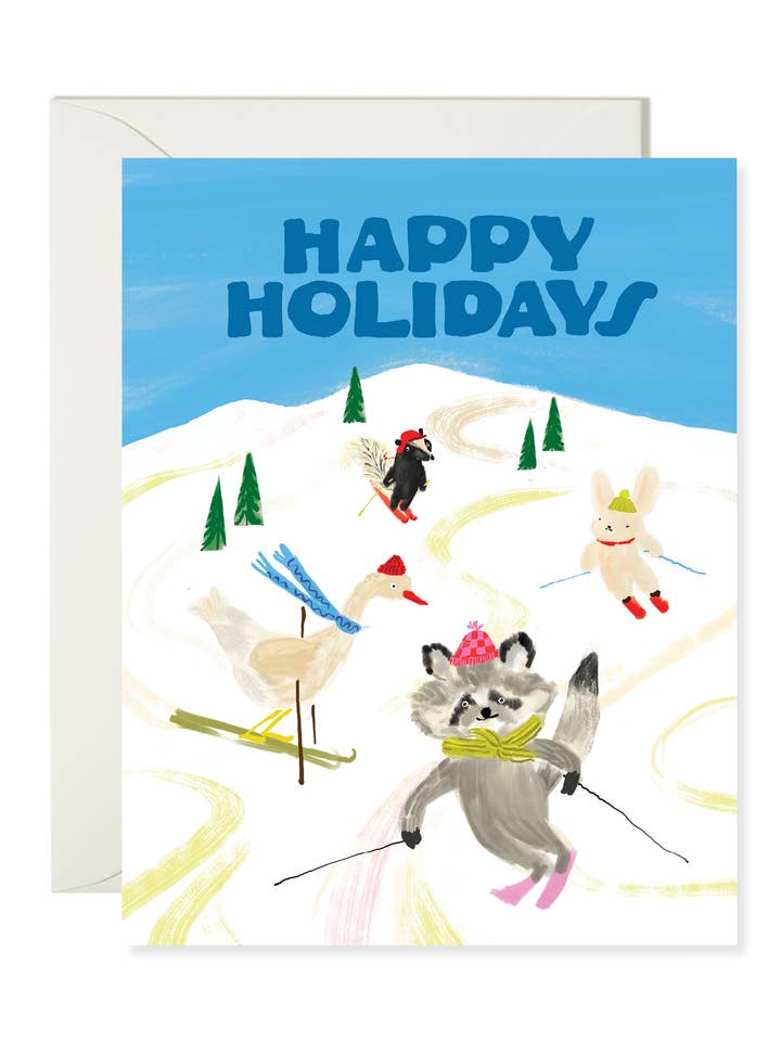 Piste de ski en forêt - Carte de vœux douce avec animaux pour la vente par Karen Schipper