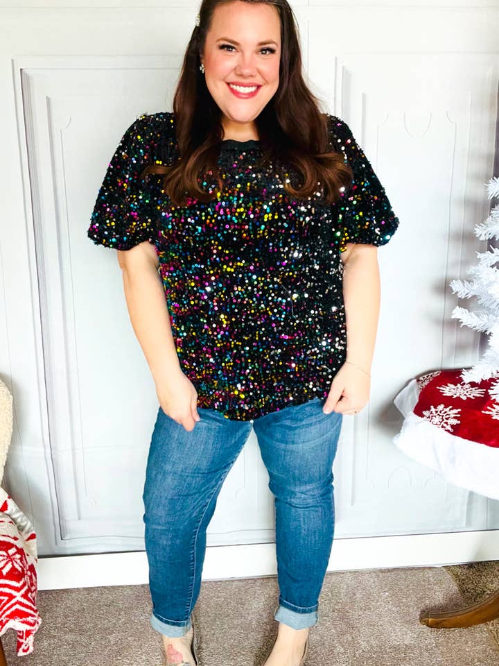 Promenade - Vente Chemisier – femme - Haut de fête en velours noir à sequins multicolores avec manches bouffantes (paquet ouvert)18