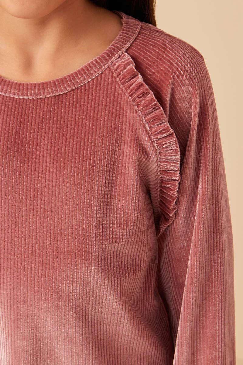 Mauve Haut côtelé à volants et couture raglan pour fille en vente sur Faire2