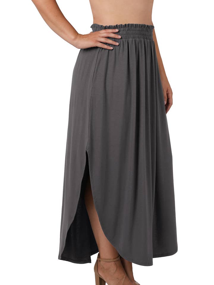 "._ PLUS SIZE SMOCKED WAIST SIDE SLIT MAXI SKIRT W/POCKETS for wholesale by 42POPS