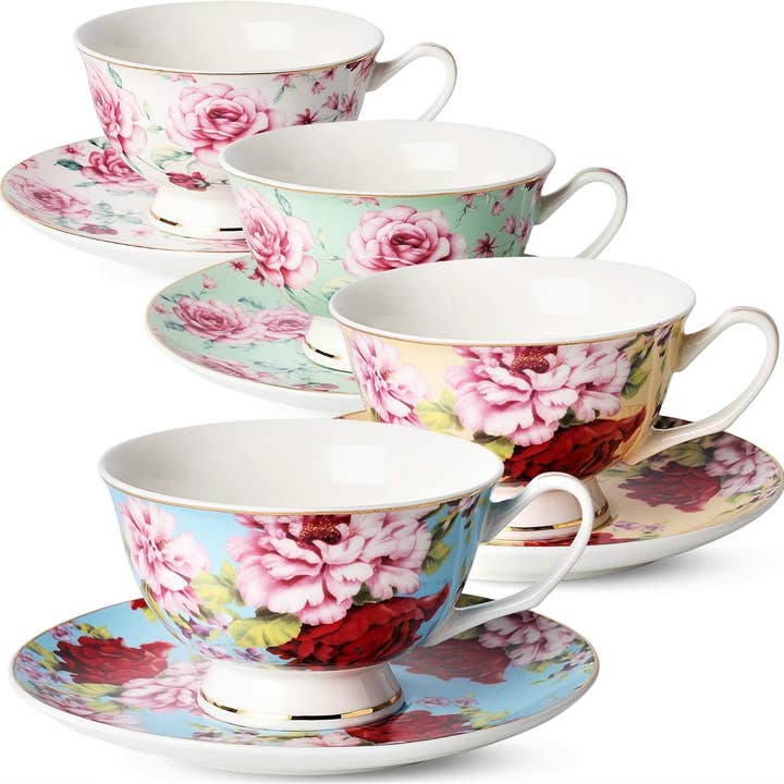 BTaT Floral Tea Cups Set of 4 with Gold Trim for wholesale by Brew To A Tea