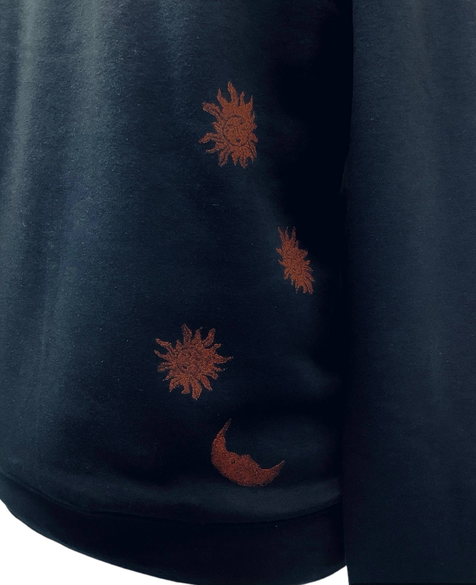 Impromptu Musé - Wholesale Hoodie - Unisex - Navy Sun and Moon Handprinted Graphic Art Hoodie3