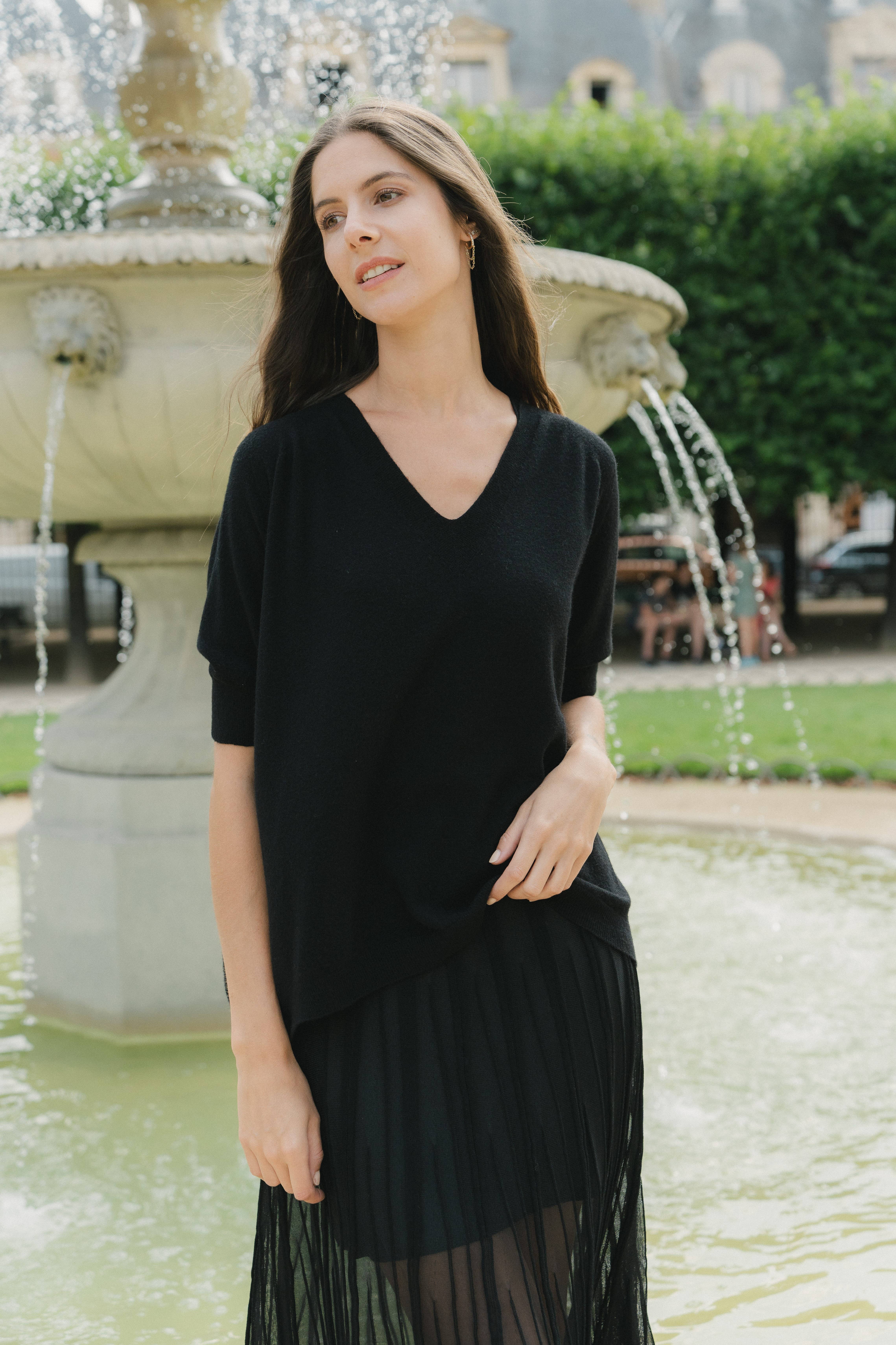 JULIA PARIS – wholesale Pullovertröja - Dam – Stickad tröja med korta ärmar och strukturerad V-ringning3