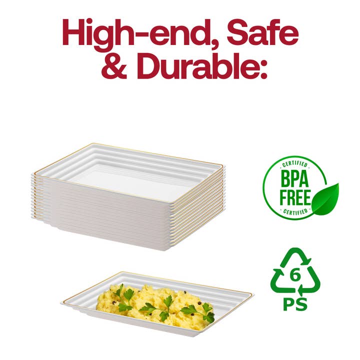 Smarty had a Party - Wholesale Serving Tray - 9" x 13" White/Gold Rim Plastic Serving Trays - 3 pcs4