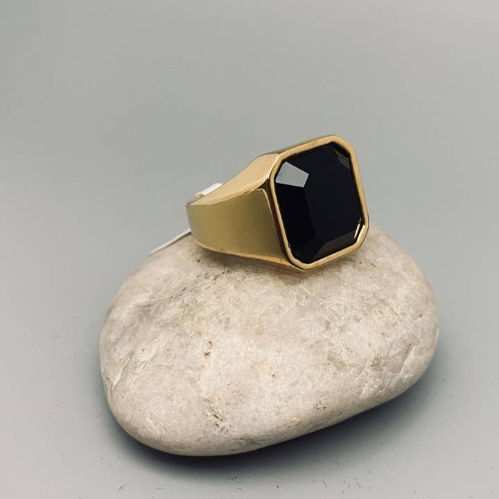 Mio Queena - Wholesale Signet Ring - Black Agate Stone Men's Titanium Steel Ring - MJ/MR