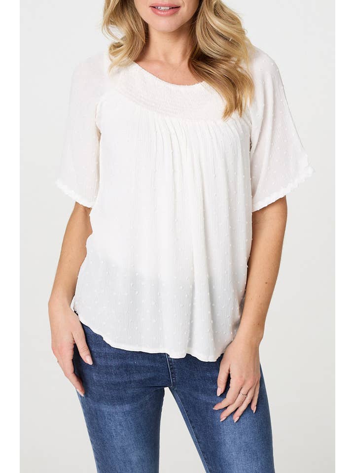 White Textured 1/2 Sleeve Shirred Bardot Top
for wholesale on Faire