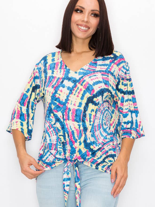 Multi Colored ST21016-3984. - WOMEN TIE DYE 3/4 SLEEVE T-SHIRT w FRONT TIE for wholesale on Faire