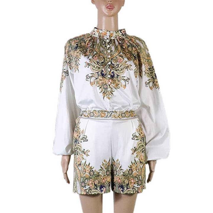Sheer Trend - Wholesale Top & Short Set (NOT Loungewear) - Women's - Printed Long Sleeve Top Loose Shorts Set