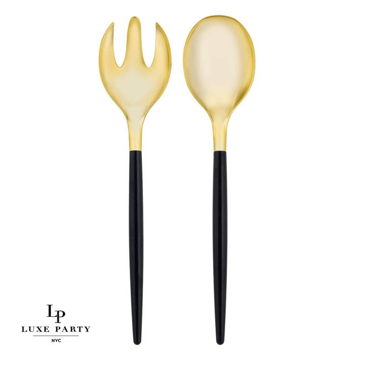 Luxe Party - Wholesale Serving utensil - Black / Gold Plastic Serving Forks • Spoons Set