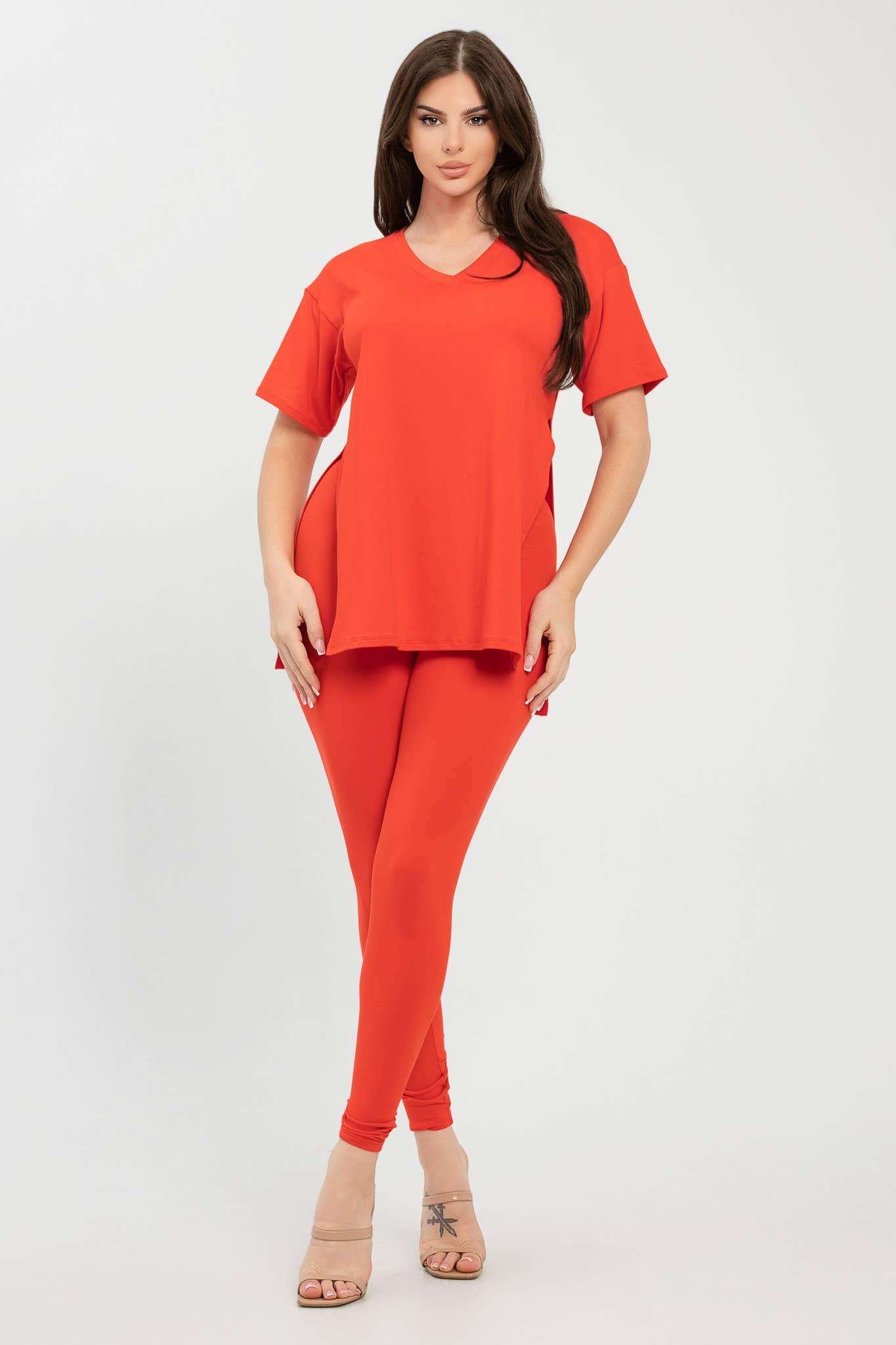 Julia by LoveJ - Wholesale Top & Pant Set (NOT Loungewear) - Women's - V Neck Side Slits Basic Top And Leggings Set