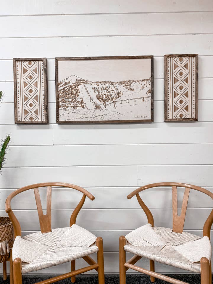 3 Piece Hand Sketched Hoodoo Ski Area Lodge Wood Artwork with Bold Aztec for wholesale by Birch and Home Handmade