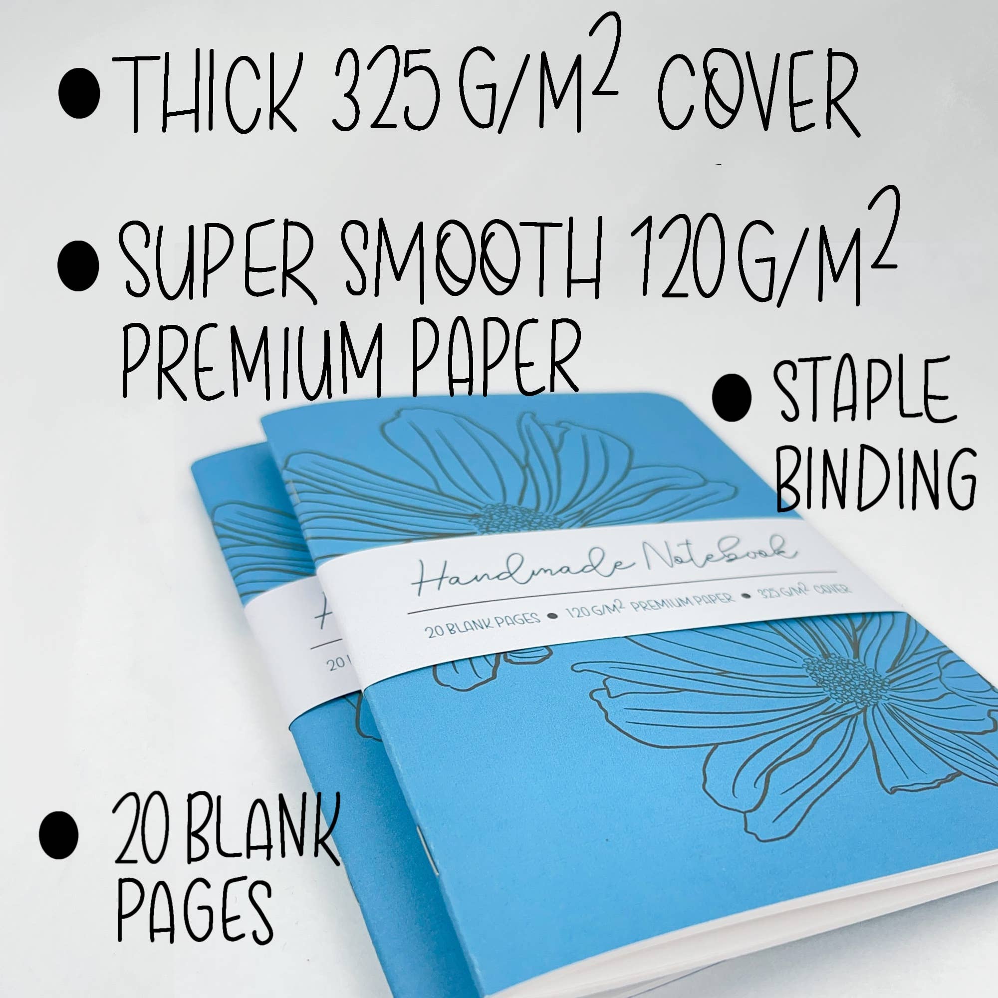 Art by Erica H & Rebel Stitchers – wholesale Anteckningsbok – Inked Flowers - Style 1 - Blå - Handgjord Sadelbunden A53