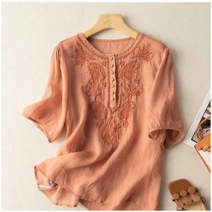 FurDecoration - Wholesale Blouse - Women's - Flowy Floral Embroidered Cotton Linen Blouse