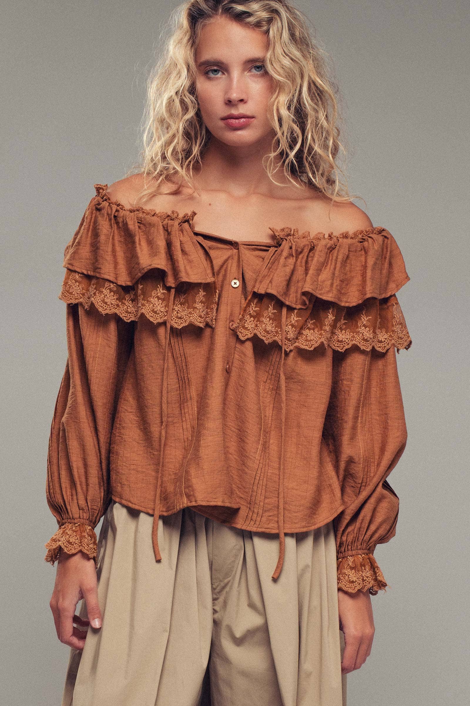 Urban Daizy - Wholesale Blouse - Women's - Lace Trim Ruffle Tie Neck Spring Blouse Top2