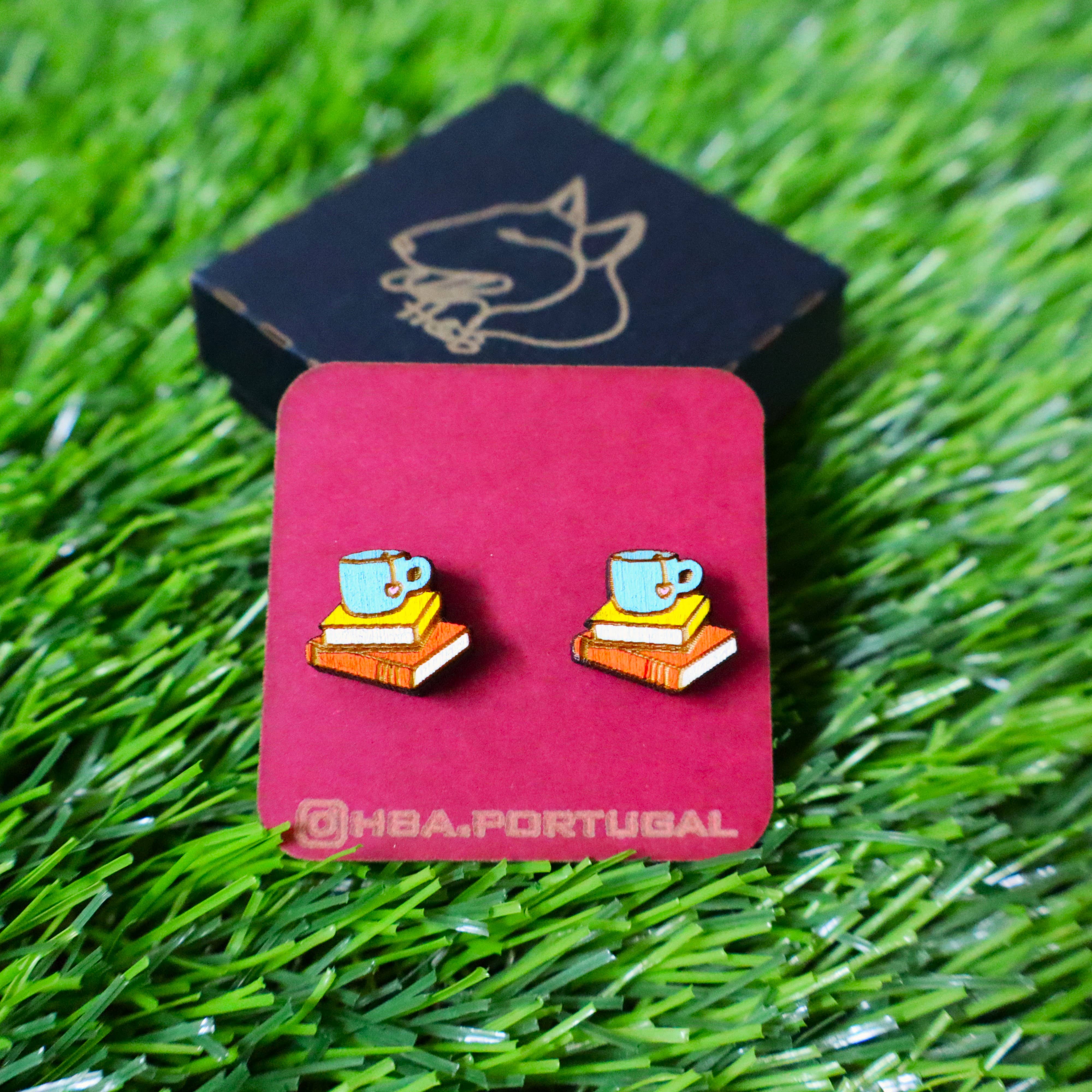 Herbs&Belles - Wholesale Stud/Post Earrings - Wooden Colorful Books and Tea Earrings, Handmade Wood Jewel1